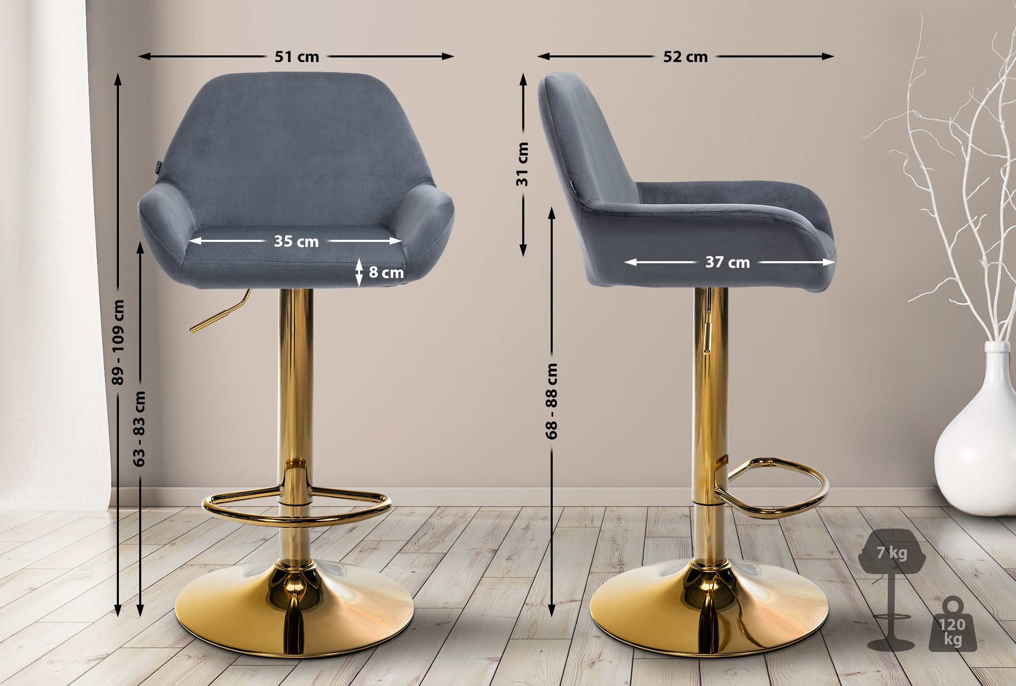 Set de 2 taburetes de bar Braga en terciopelo con marco dorado