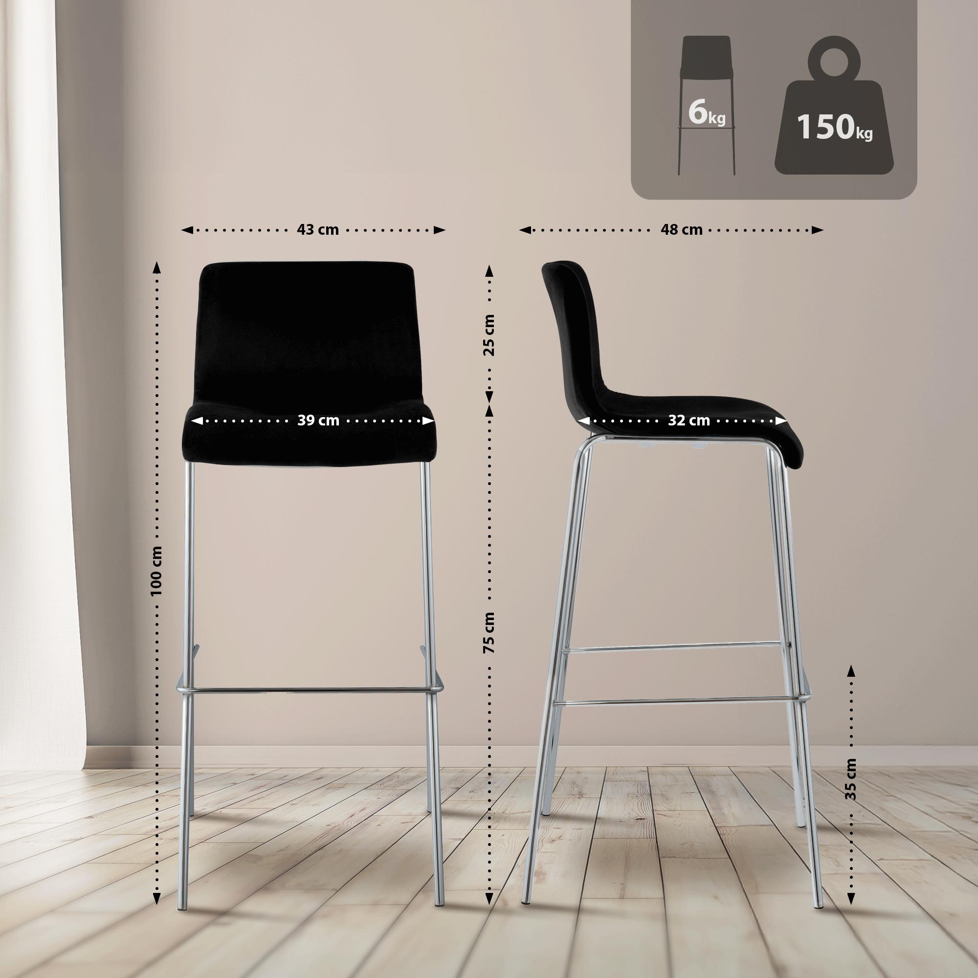 Taburete de barra Hover tapizado en terciopelo con estructura de cuatro patas cromada