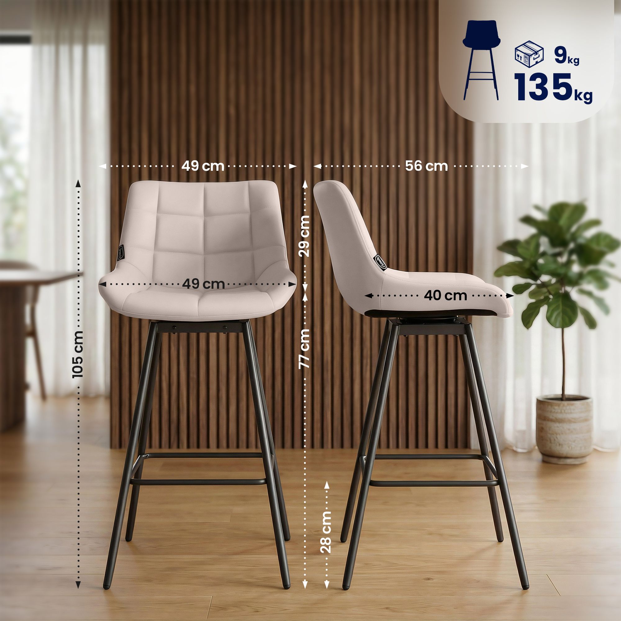 Taburete de Bar Weston Giratorio 180 grados | Taburete Alto con Respaldo y Asiento Acolchado