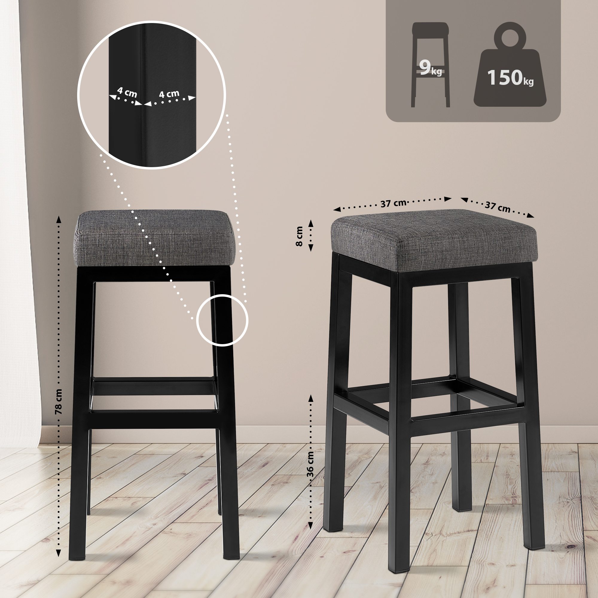 Taburete de bar Taylor Funda de tela Altura del asiento 78 cm Estructura de metal negro
