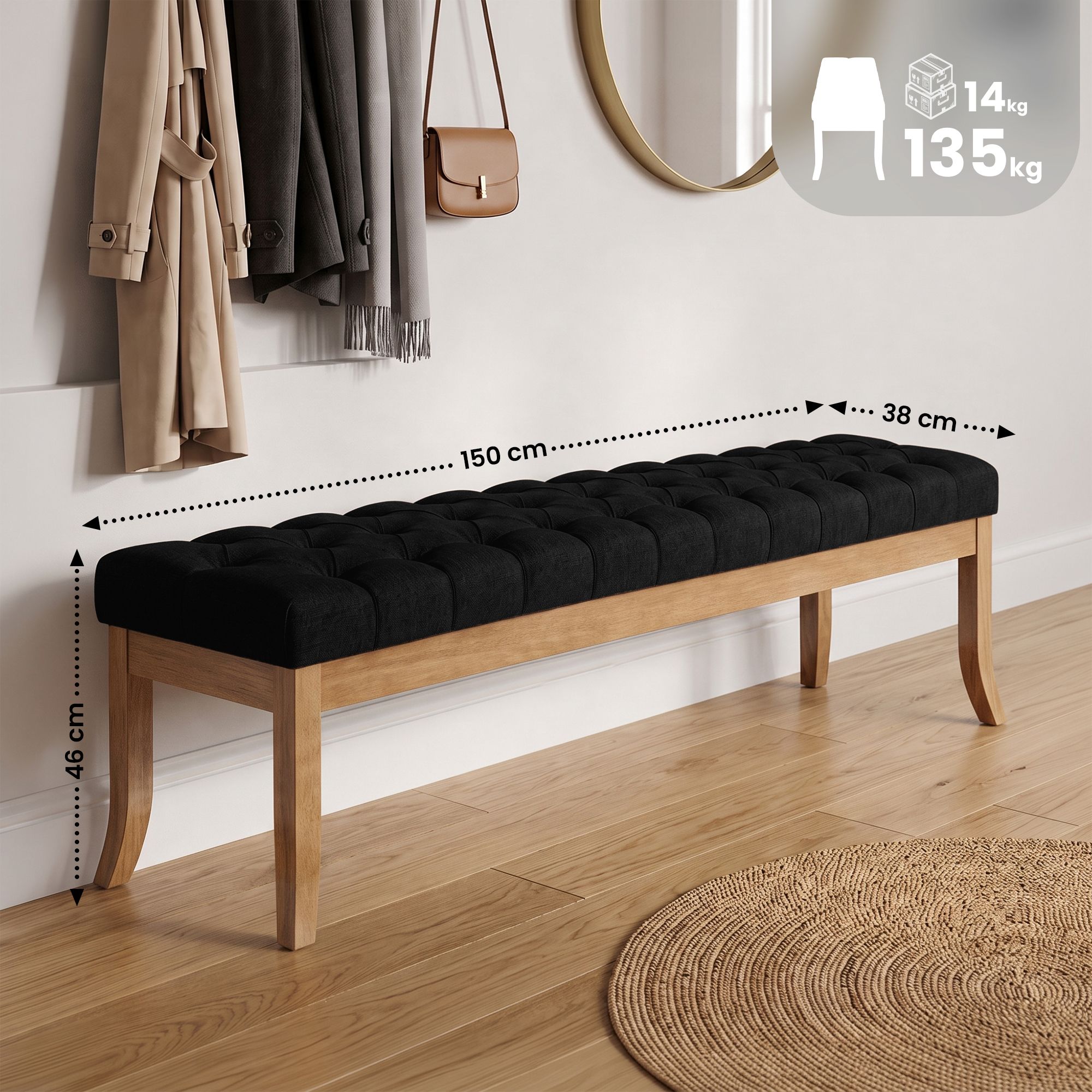 Banco Ramses tapizado en tela con estructura de madera clara