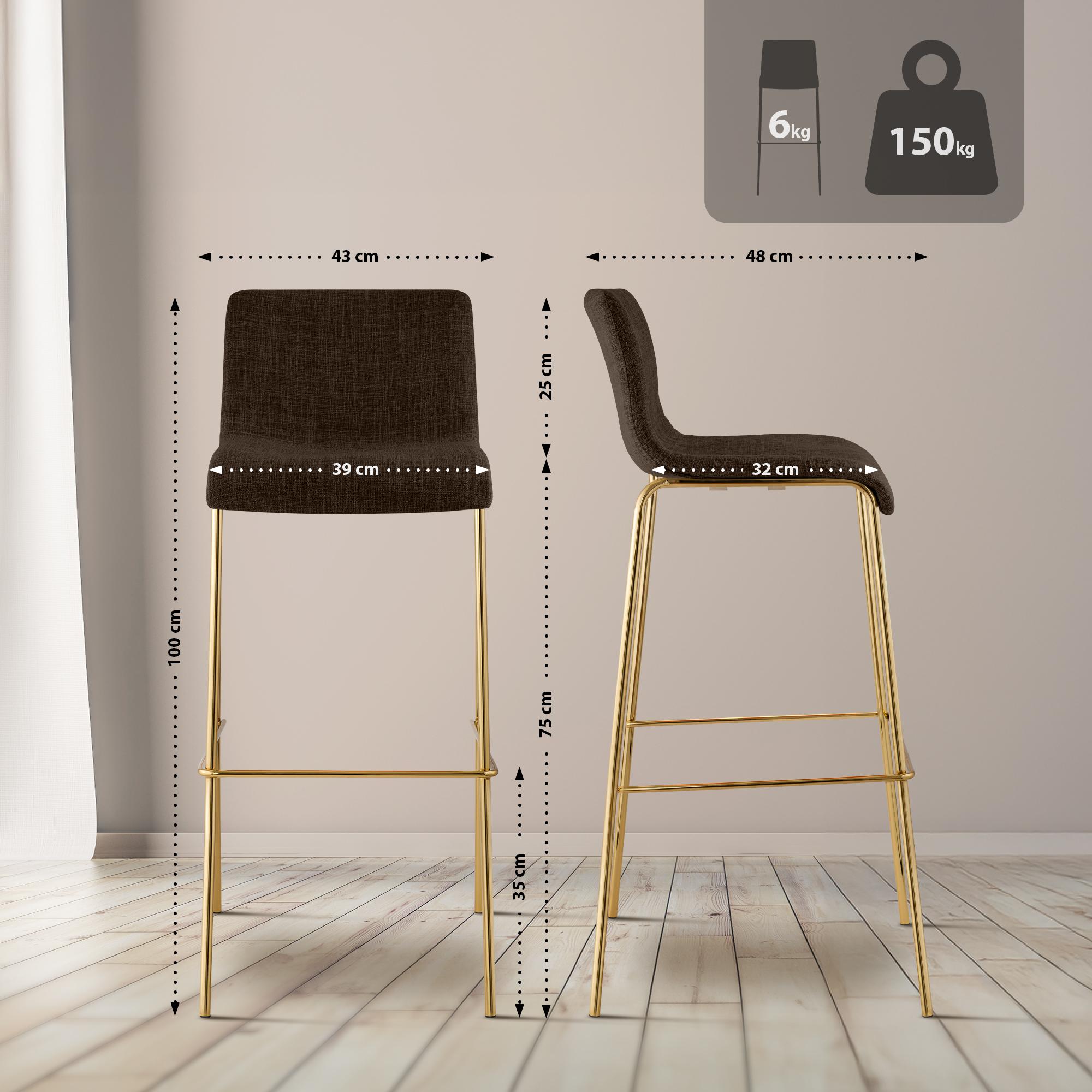 Set de 2 Taburetes de Bar Hover de Tela con Estructura de Cuatro Patas Dorada