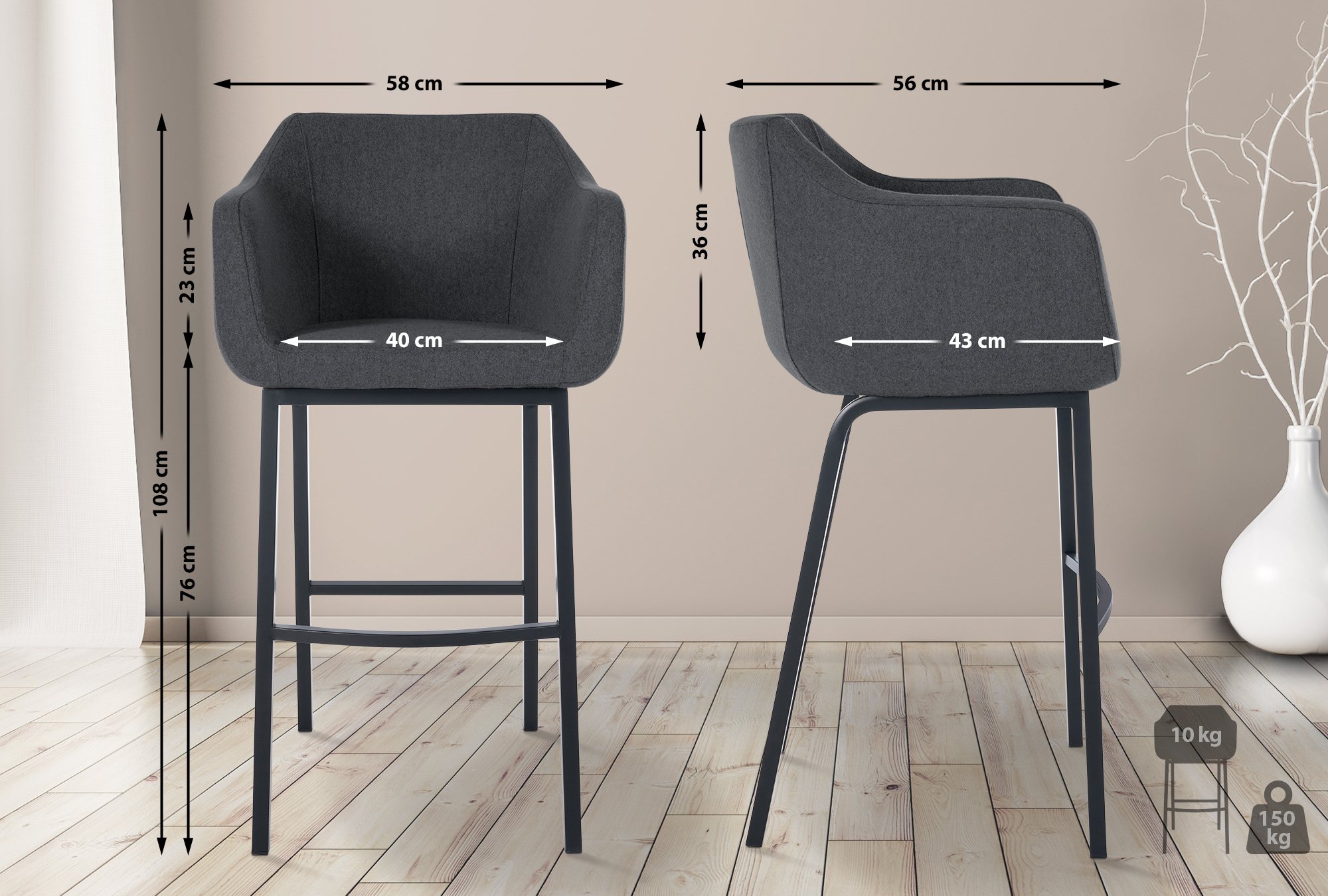 Taburete de bar Monea en fieltro & base de 4 patas