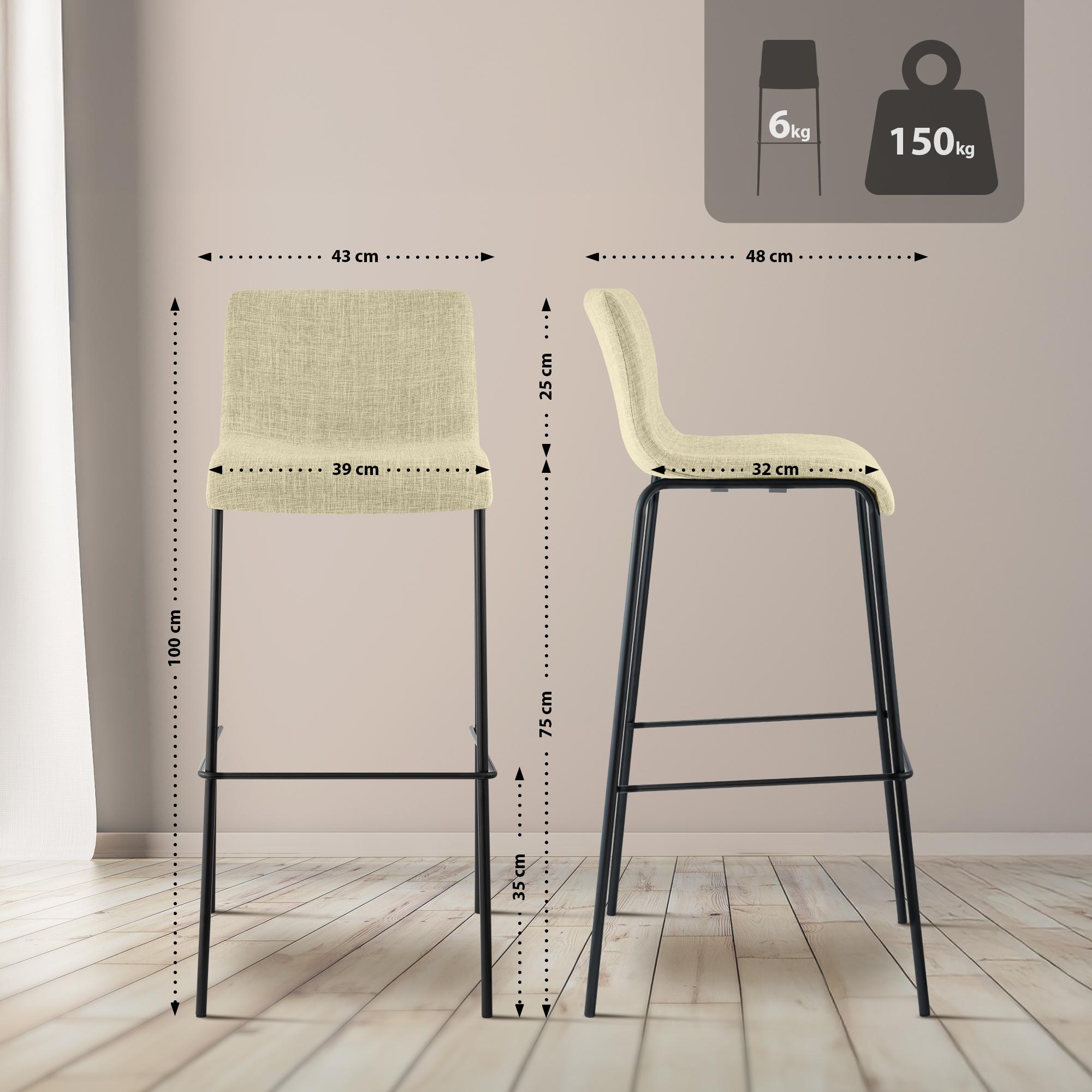 Juego de 2 taburetes de bar Hover, tela, base de cuatro patas