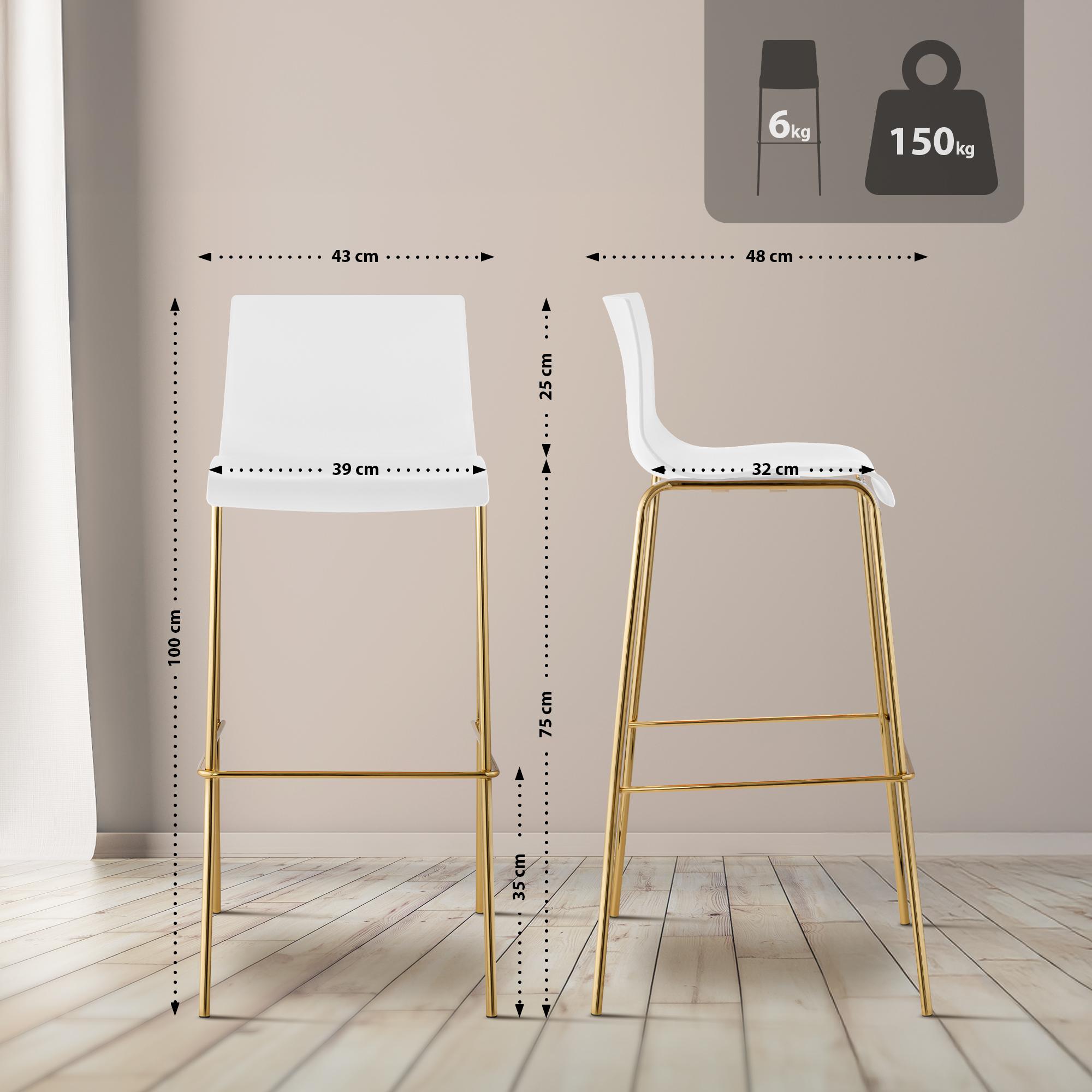 Set de 2 taburetes de bar Hover de plástico, base de 4 patas en color dorado