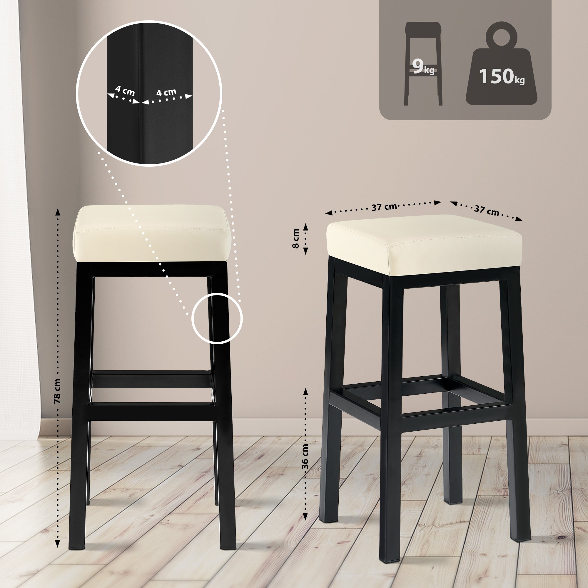 Taburete de bar Taylor Revestimiento de polipiel Altura del asiento 78 cm Estructura de metal negro