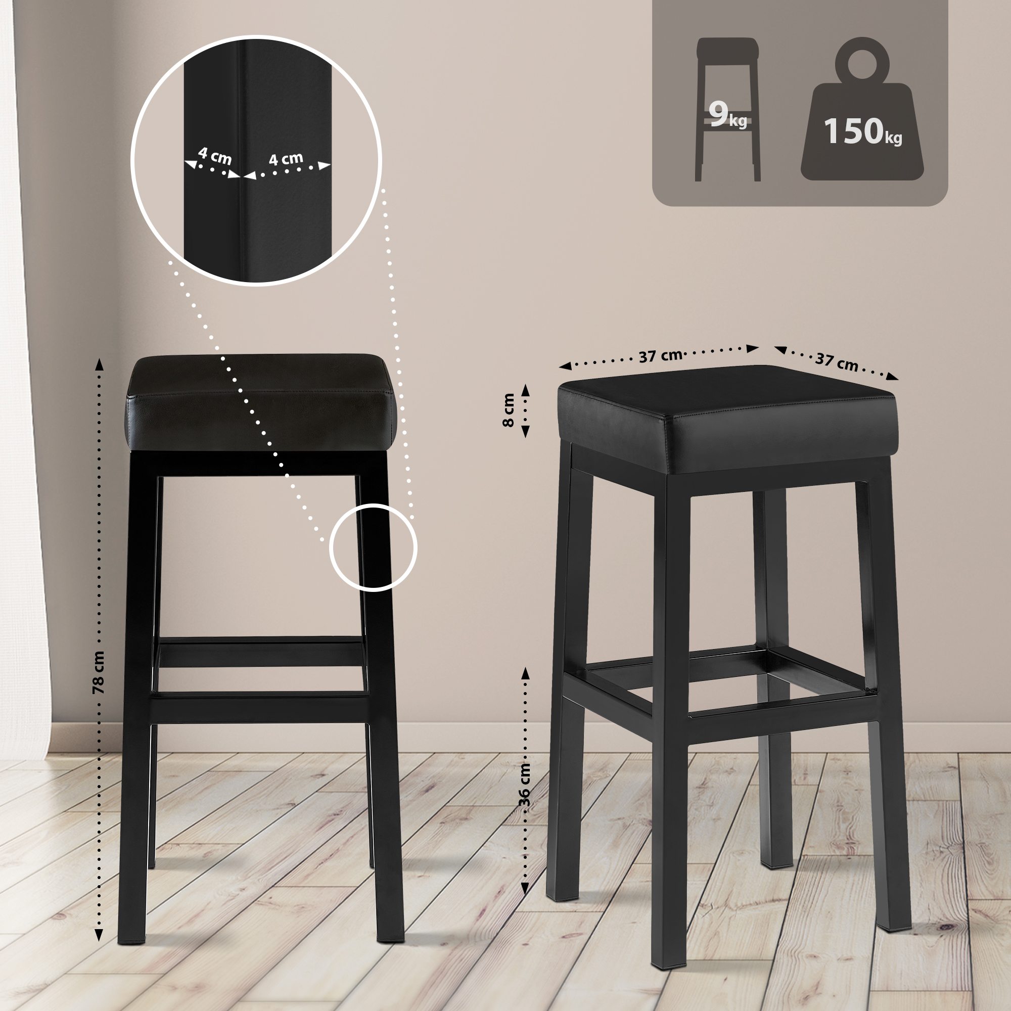 Taburete de bar Taylor Revestimiento de polipiel Altura del asiento 78 cm Estructura de metal negro