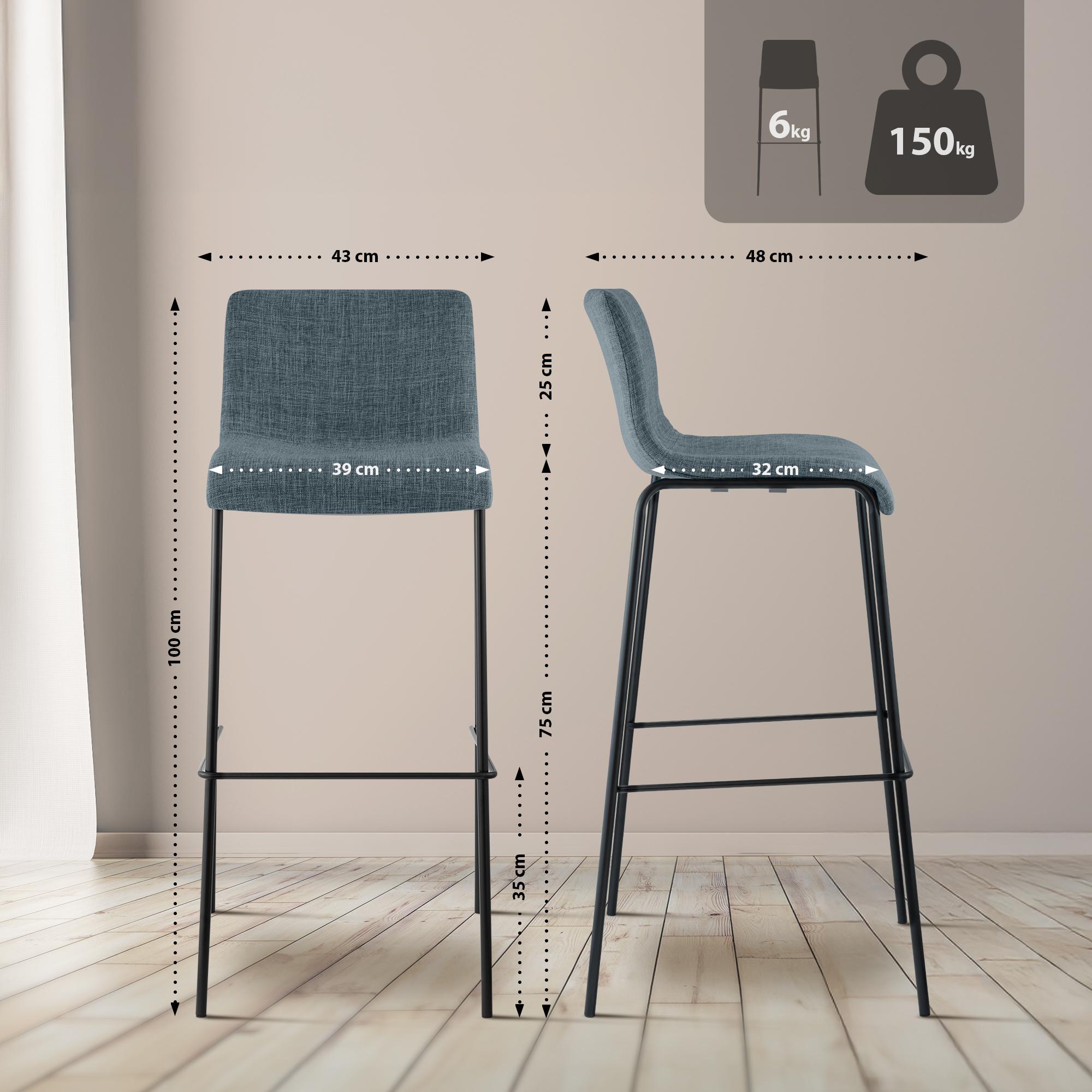 Juego de 2 taburetes de bar Hover, tela, base de cuatro patas