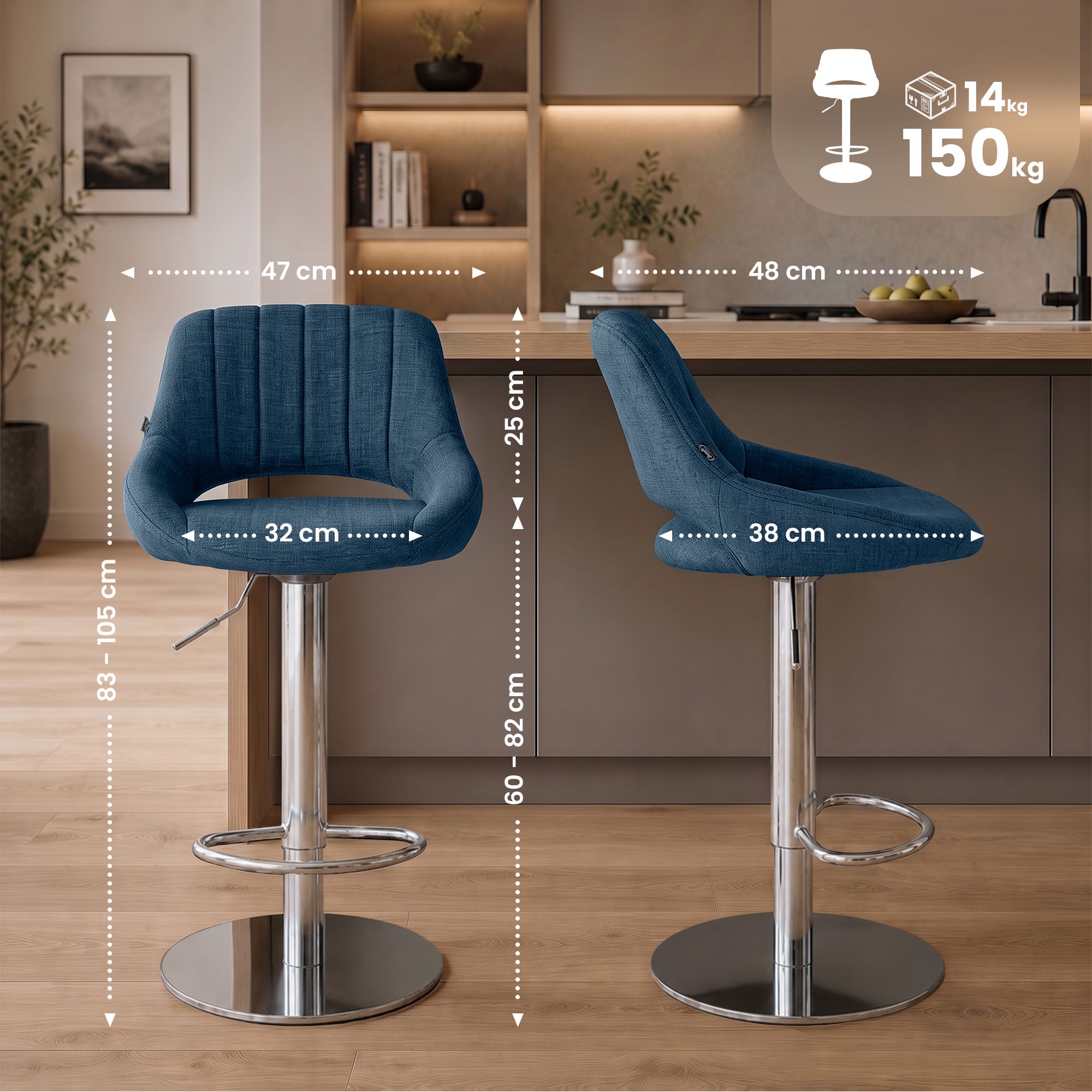 Set de 2 taburetes de bar Milet cromados con base extra pesada