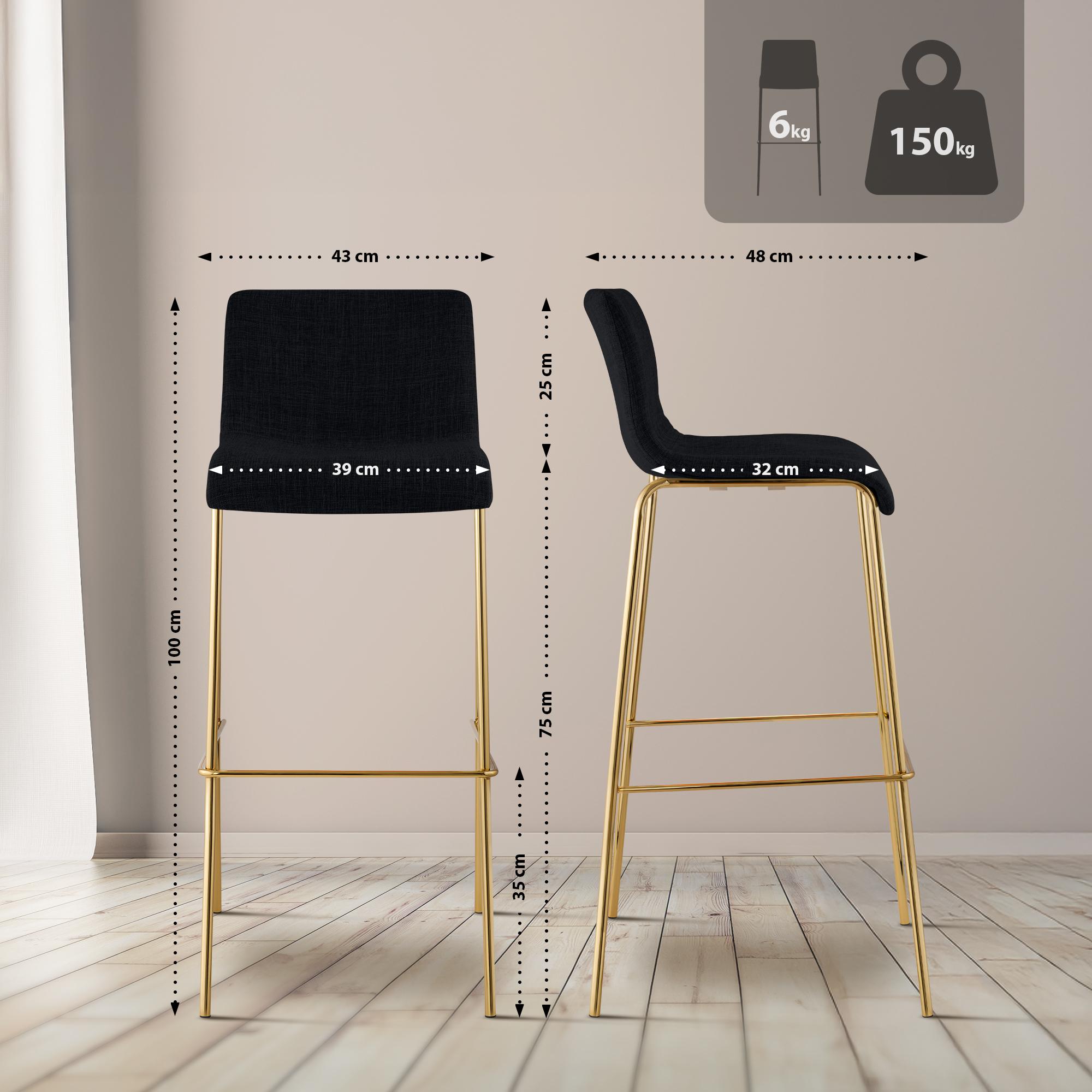 Set de 2 Taburetes de Bar Hover de Tela con Estructura de Cuatro Patas Dorada