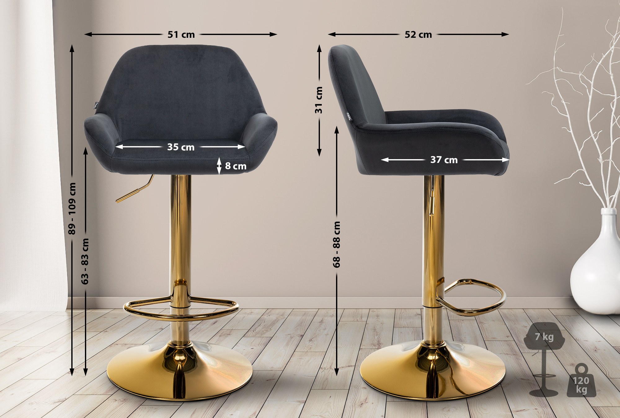 Set de 2 taburetes de bar Braga en terciopelo con marco dorado
