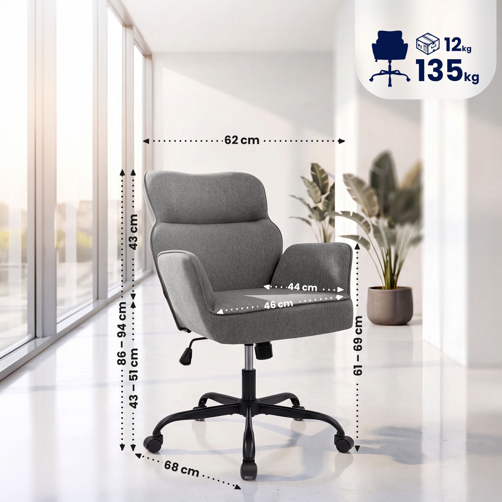 Silla de oficina Amado con tapizado en tela