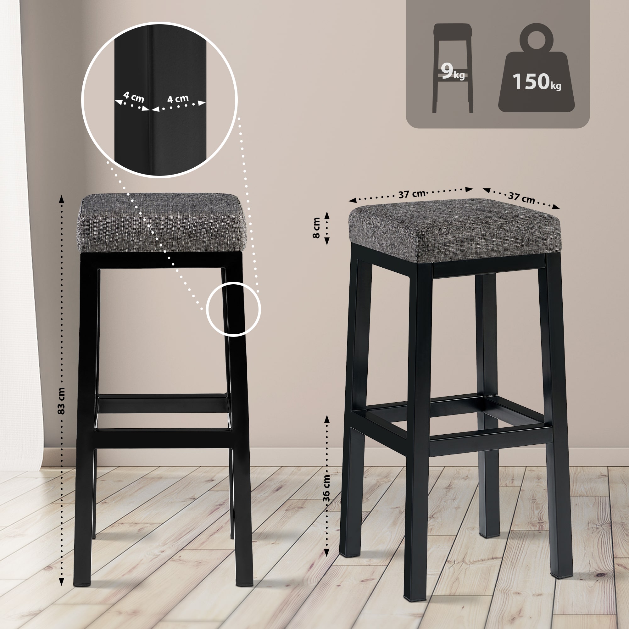 Taburete de bar Taylor Altura del asiento 83 cm Estructura de metal negro
