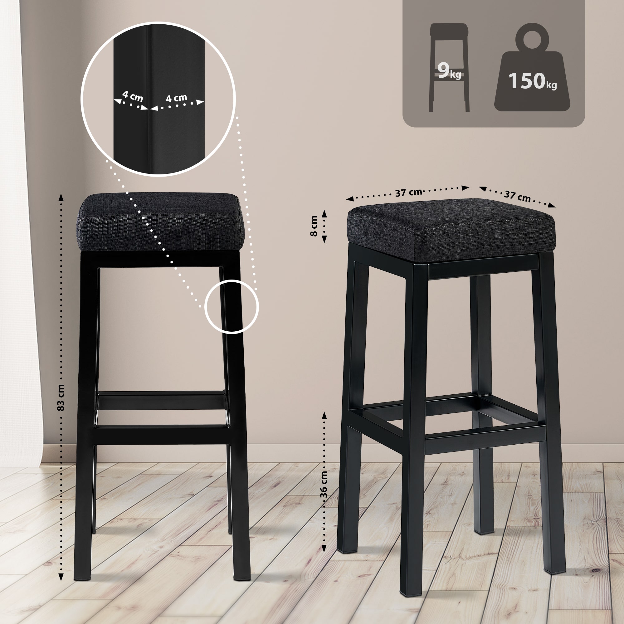 Taburete de bar Taylor Altura del asiento 83 cm Estructura de metal negro