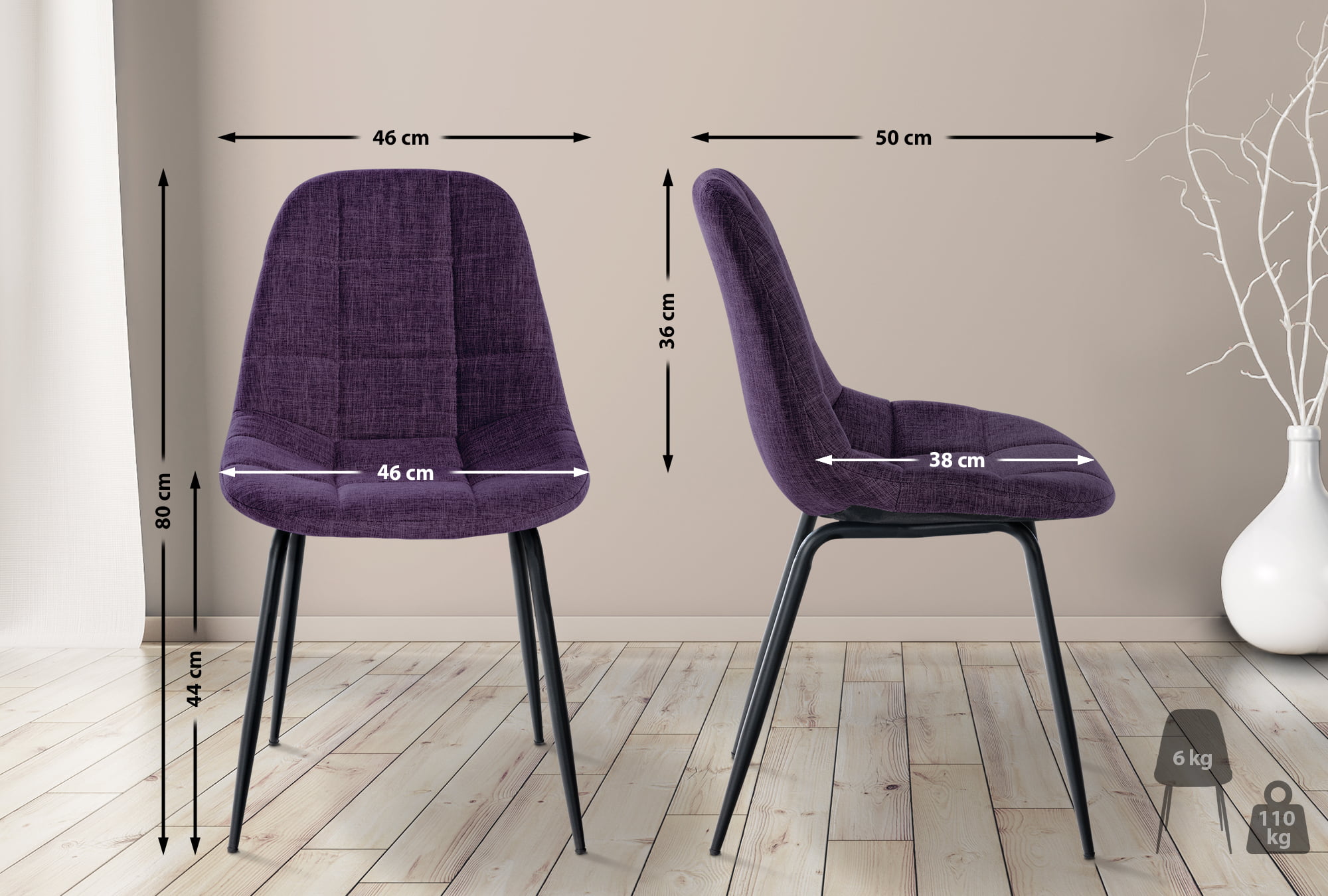 Set de 2 Sillas de comedor Tom en tela o polipiel