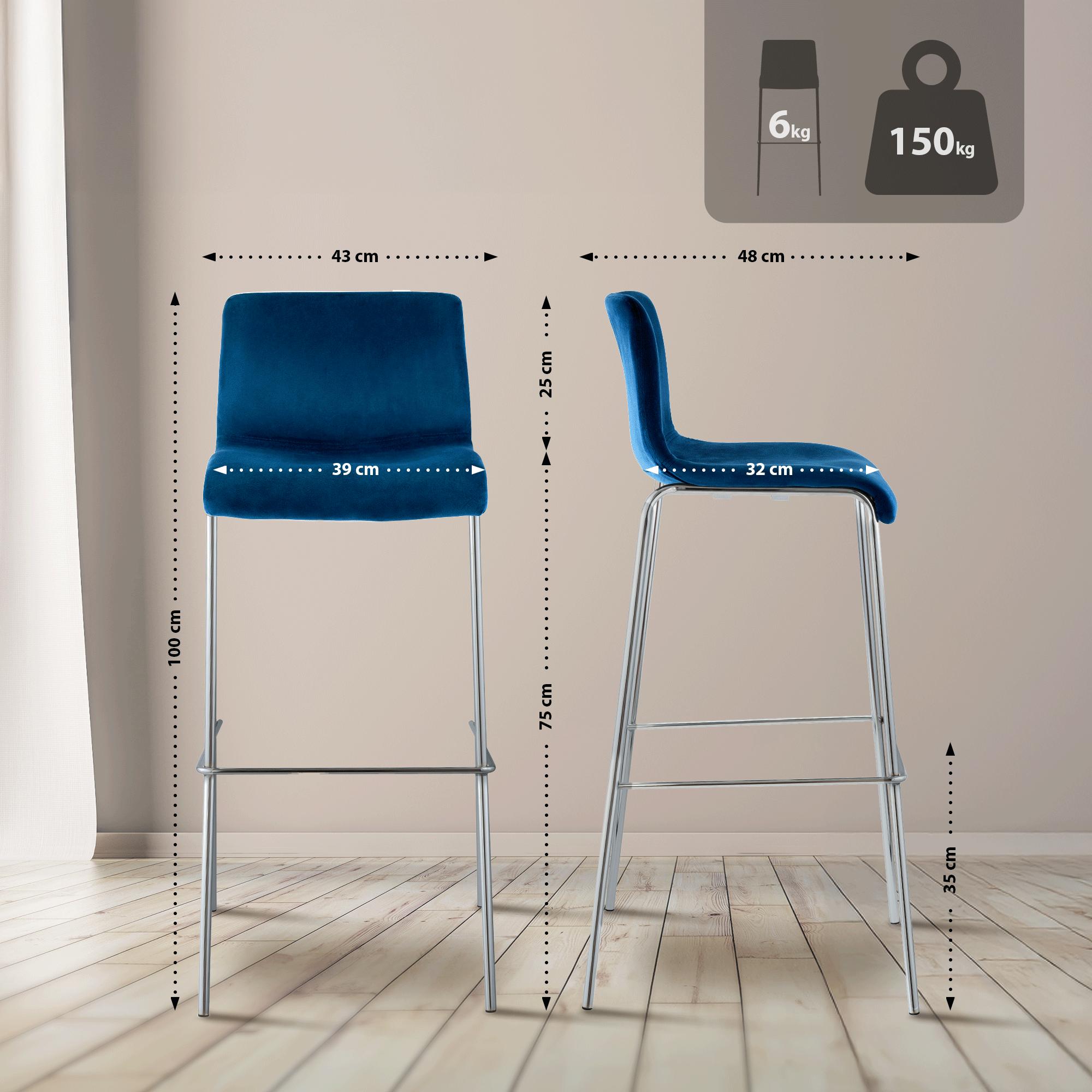 Taburete de barra Hover tapizado en terciopelo con estructura de cuatro patas cromada