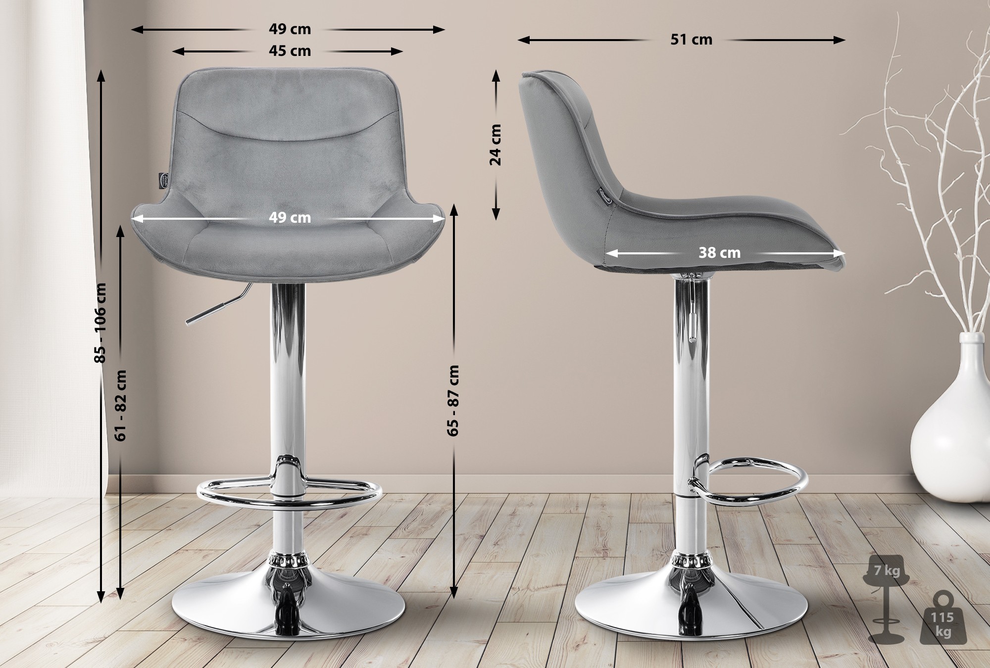 Juego de 2 taburetes de bar Vonore en terciopelo