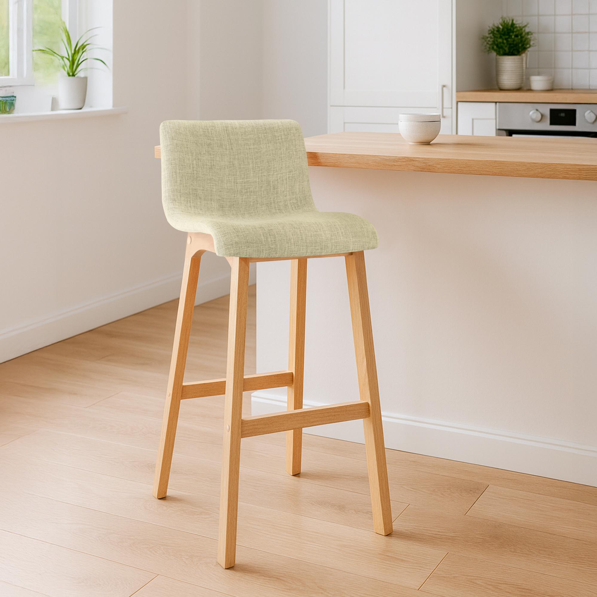 Juego de 2 taburetes de bar Hover, asiento de tela, patas de madera de haya natural