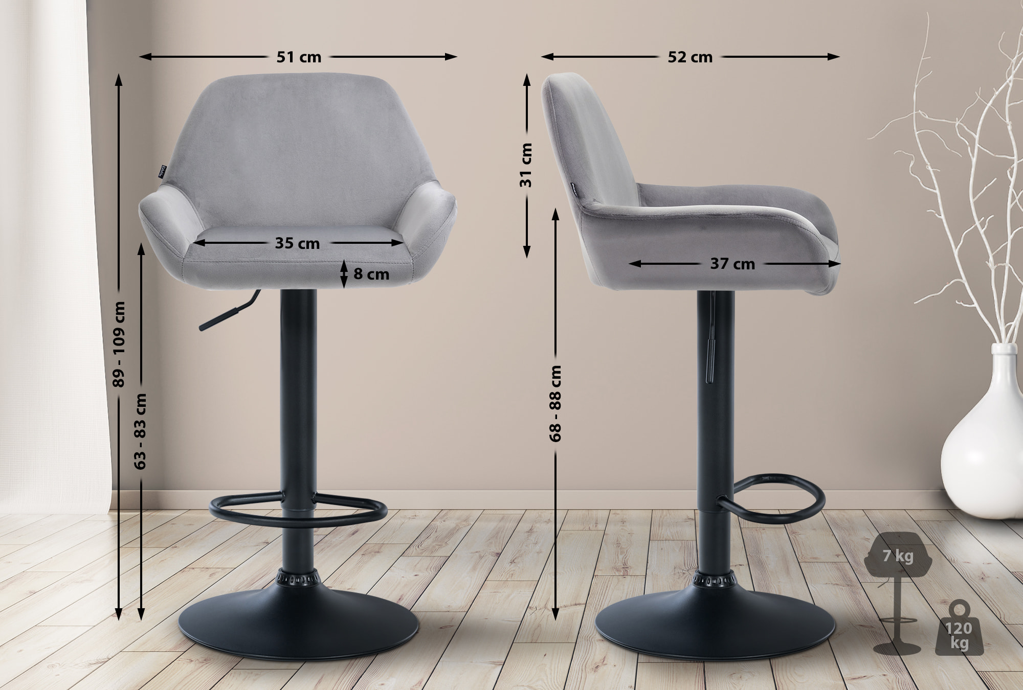 Set de 2 Taburetes de cocina Braga en terciopelo